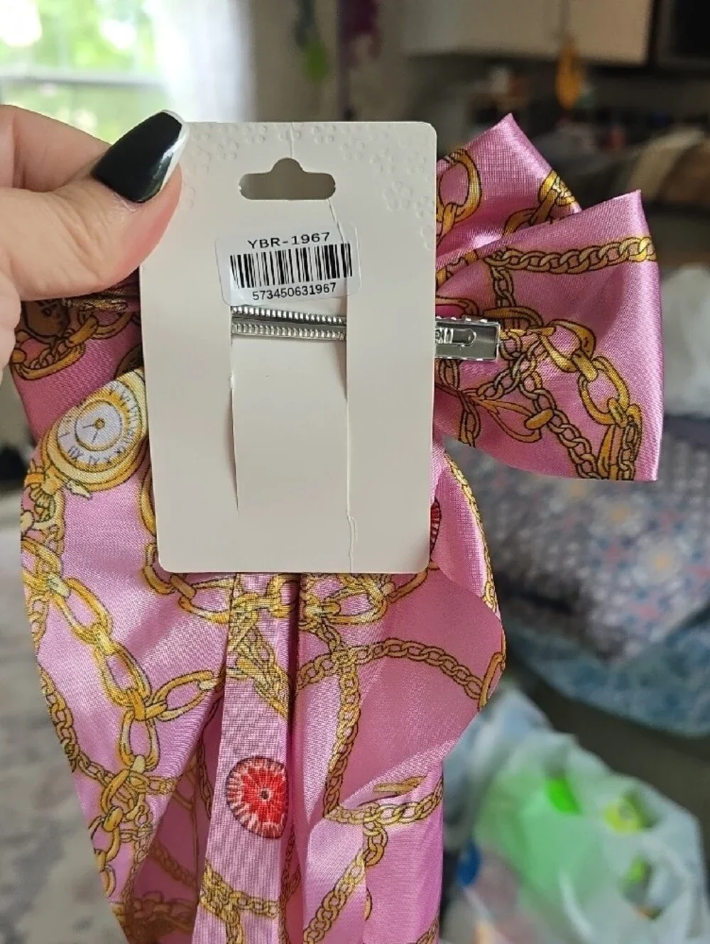 Pink Chain-Print Bow Hair Scarf Clip